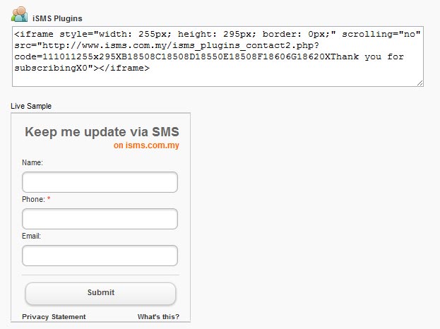 iSMS Subscription Form Code