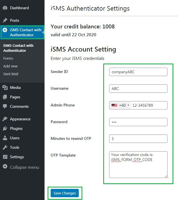 Configure WordPress iSMS Contact Form Authenticator Plugin Malaysia