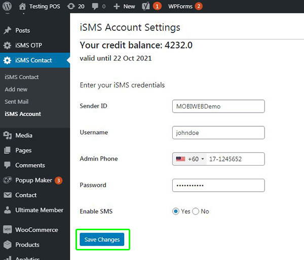 Configure WordPress iSMS Contact Form Plugin Malaysia