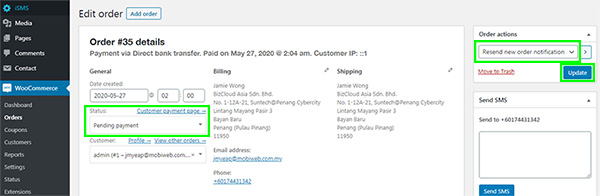 Configure Order Status WordPress iSMS Malaysia