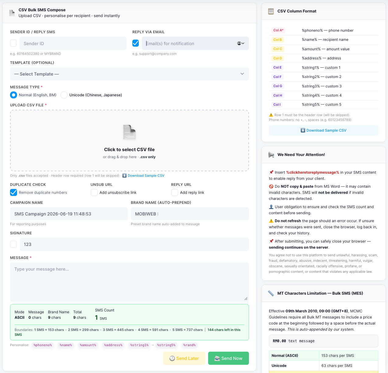The iSMS CSV Compose form, with sender ID, reply via email, message type, a click-to-upload CSV box, duplicate check, campaign and brand name, the message box, and a panel describing the CSV column format.
