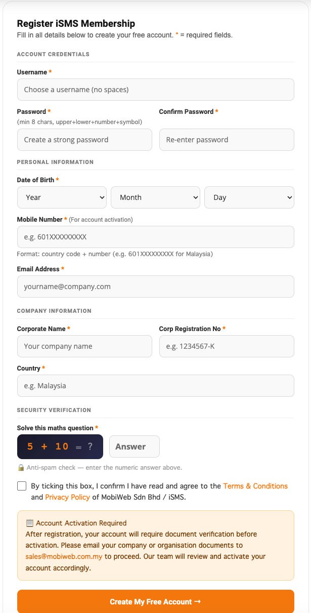 The iSMS membership registration form, showing account credentials, personal information, company information, and the security verification check.