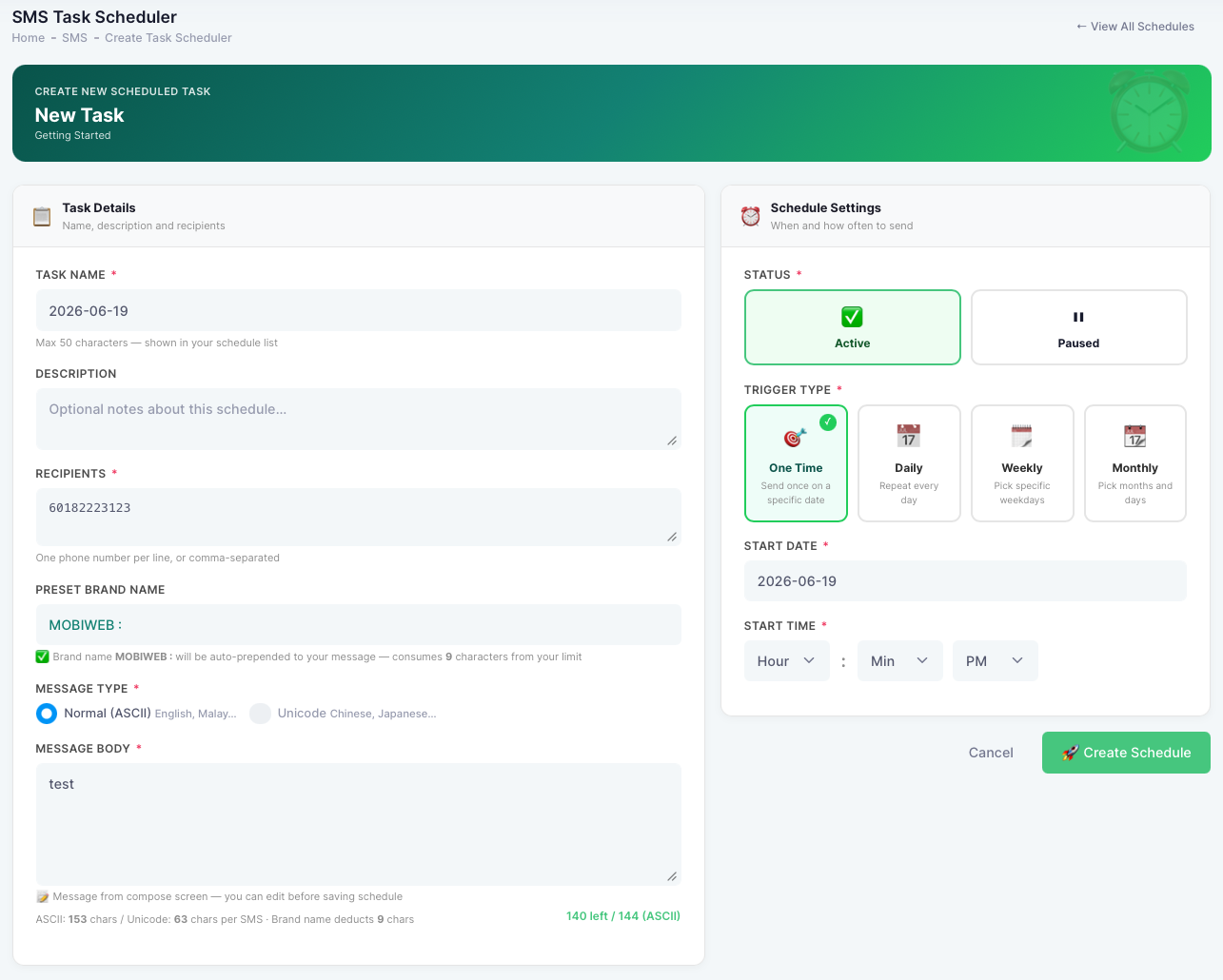 The iSMS scheduler trigger settings: recipient, message type, message body, task name, description, start date and time, and timer.