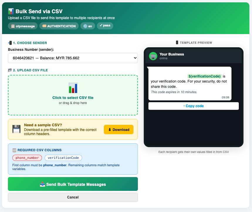 The iSMS Bulk Send via CSV screen: choose sender, upload a CSV, the required columns (phone_number plus template variables), and a template preview.