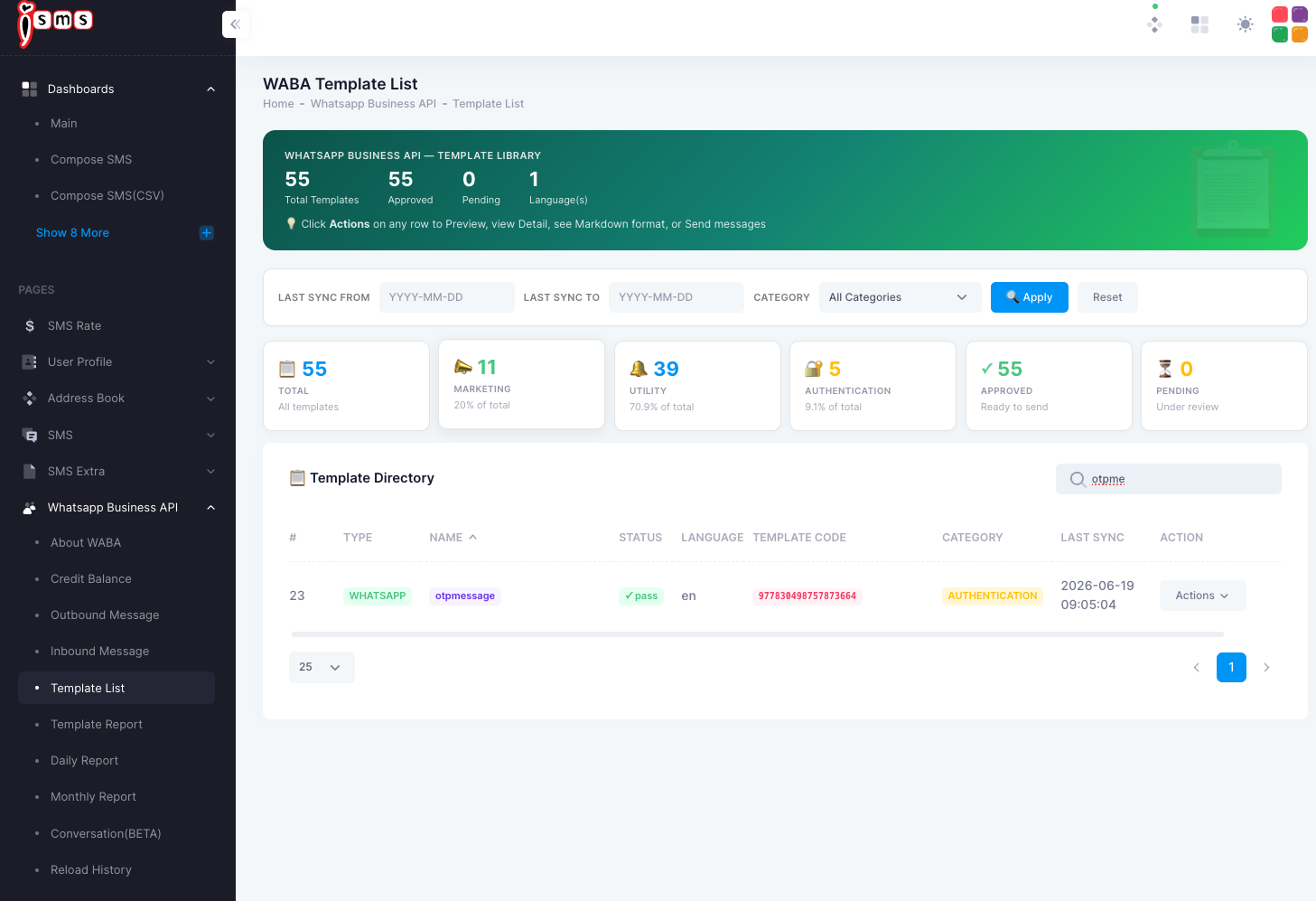 The iSMS WABA Template List: counts by category and approval status, and a directory table of templates with type, name, status, code, and category.